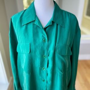 Vintage Teal 100% Silk Oversized Button Down Shirt Size Medium 80s 90s